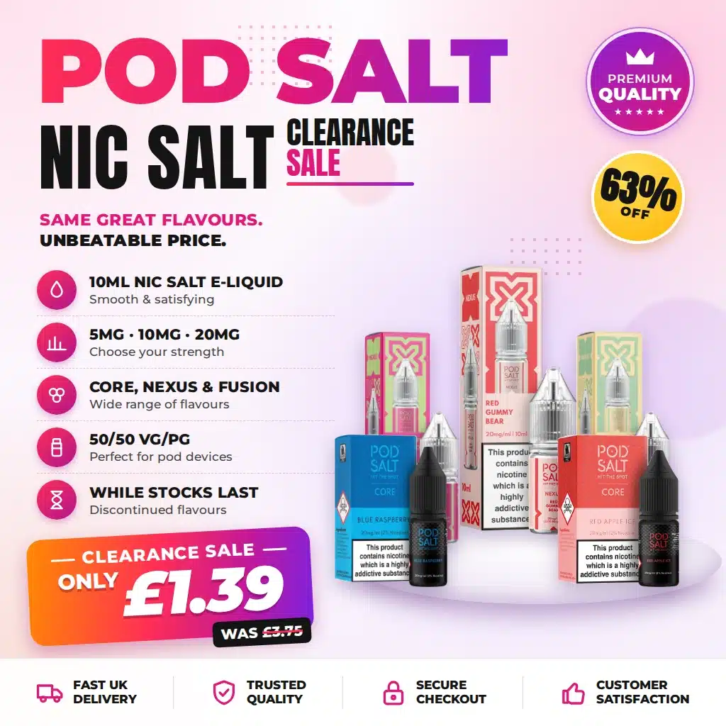 Pod Salt Clearance Sale – Pod Salt nic salt e-liquid 10ml, only £1.39